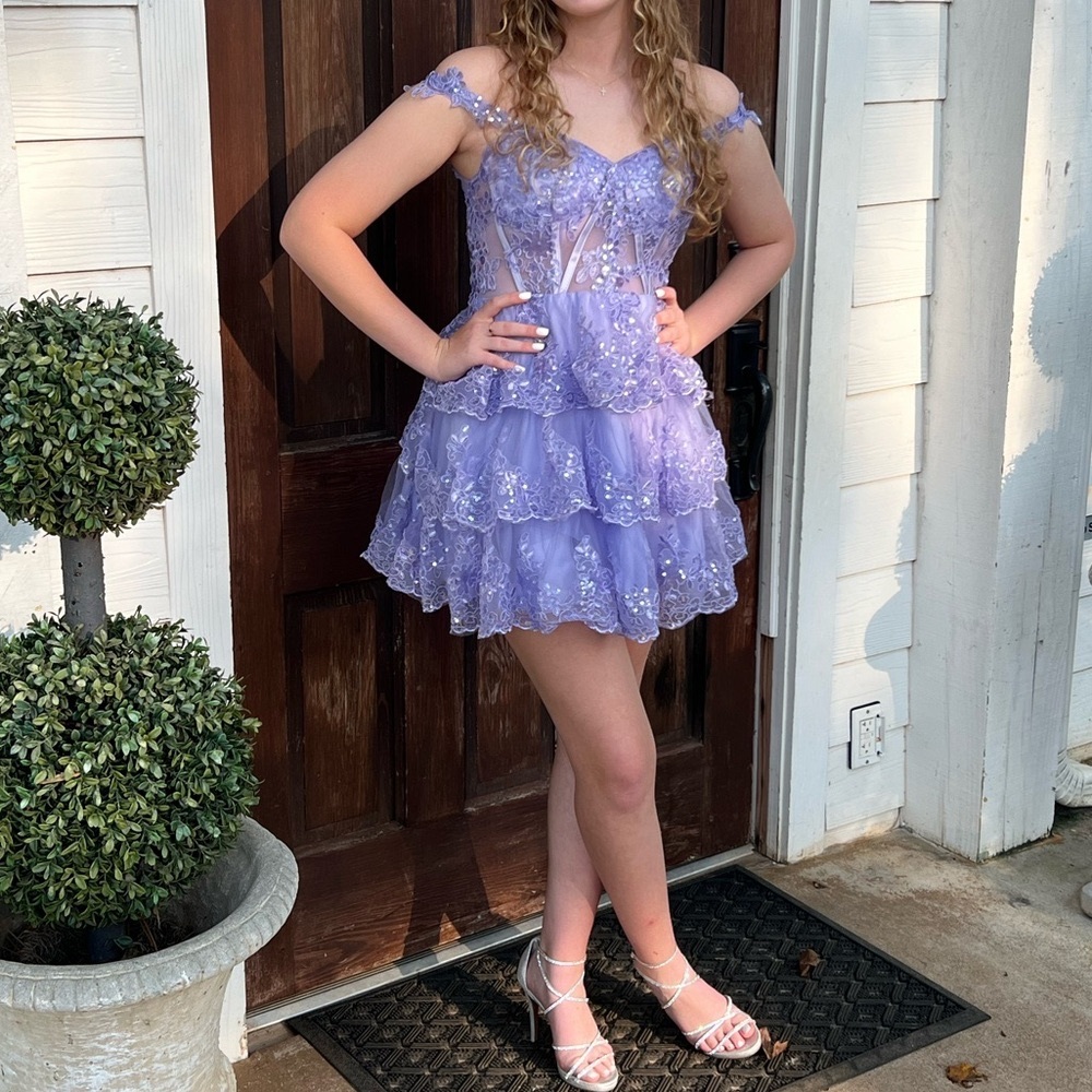 Lavender Off-Shoulder Lace Dress